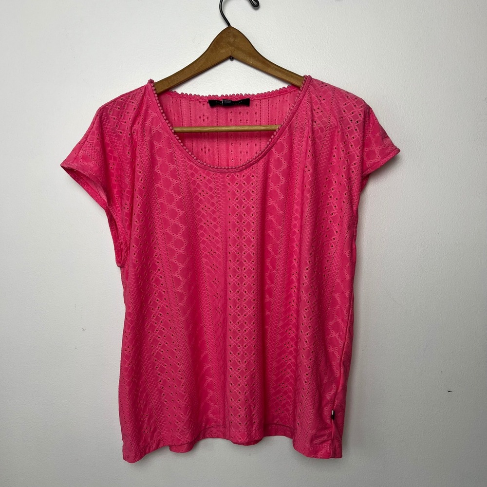 Tommy Hilfiger Hot Pink Eyelet Trim Scoop Neck Cap Sleeve Top Large